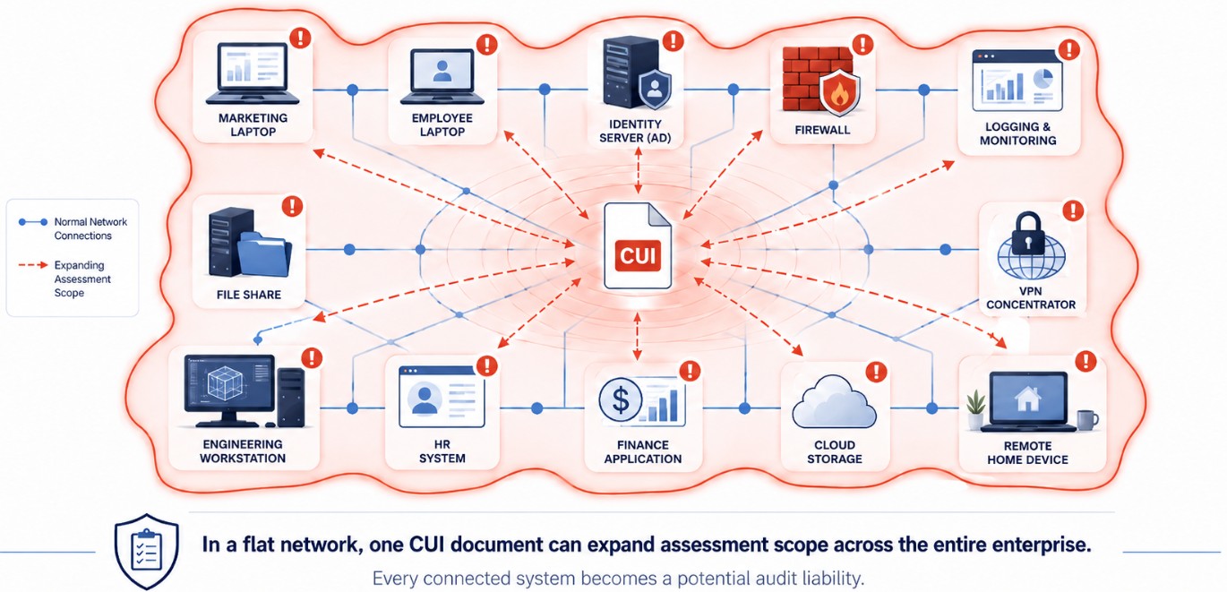 In a flat network, one CUI document can expand assessment scope across the entire enterprise.